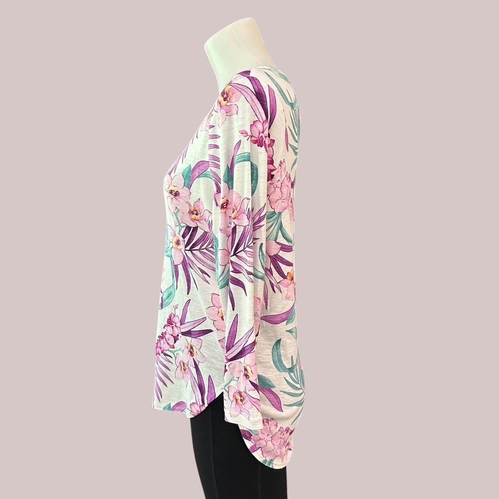 Tommy Bahama Round Neck Floral Hibiscus Long Sleeve Top Sz Small - Cotton - Picture 3 of 7